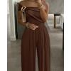 imageCHICME Womens Sleeveless Jumpsuit One Shoulder Ruched Romper Casual Fall Buckle Decor Wide Leg JumpsuitsBrown