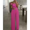 imageCHICME Womens Sleeveless Jumpsuit One Shoulder Ruched Romper Casual Fall Buckle Decor Wide Leg JumpsuitsHot Pink