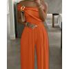 imageCHICME Womens Sleeveless Jumpsuit One Shoulder Ruched Romper Casual Fall Buckle Decor Wide Leg JumpsuitsOrange