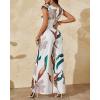 imageCHICME Womens Tropical Print Off the Shoulder Summer Overalls Jumpsuits Ruched Waist Wide Leg Long Pants