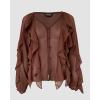 imageCHICME Womens V Neck Ruffle Blouses Button Down SemiSheer Dressy Casual Top Fashion Long Sleeve Fall Chiffon ShirtAdark Brown