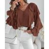 imageCHICME Womens V Neck Ruffle Blouses Button Down SemiSheer Dressy Casual Top Fashion Long Sleeve Fall Chiffon ShirtAdark Brown