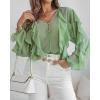 imageCHICME Womens V Neck Ruffle Blouses Button Down SemiSheer Dressy Casual Top Fashion Long Sleeve Fall Chiffon ShirtGreen
