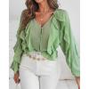 imageCHICME Womens V Neck Ruffle Blouses Button Down SemiSheer Dressy Casual Top Fashion Long Sleeve Fall Chiffon ShirtGreen