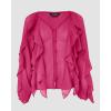 imageCHICME Womens V Neck Ruffle Blouses Button Down SemiSheer Dressy Casual Top Fashion Long Sleeve Fall Chiffon ShirtHot Pink