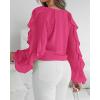 imageCHICME Womens V Neck Ruffle Blouses Button Down SemiSheer Dressy Casual Top Fashion Long Sleeve Fall Chiffon ShirtHot Pink