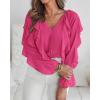imageCHICME Womens V Neck Ruffle Blouses Button Down SemiSheer Dressy Casual Top Fashion Long Sleeve Fall Chiffon ShirtHot Pink