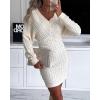 imageCHICME Womens VNeck Long Sleeve Hollow Out Knit Sweater Dress Elegant Chic Bodycon Mini Dress for Fall ampamp WinterApricot