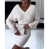 imageCHICME Womens VNeck Long Sleeve Hollow Out Knit Sweater Dress Elegant Chic Bodycon Mini Dress for Fall ampamp WinterApricot