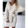 imageCHICME Womens VNeck Long Sleeve Hollow Out Knit Sweater Dress Elegant Chic Bodycon Mini Dress for Fall ampamp WinterApricot