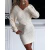 imageCHICME Womens VNeck Long Sleeve Hollow Out Knit Sweater Dress Elegant Chic Bodycon Mini Dress for Fall ampamp WinterApricot