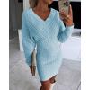 imageCHICME Womens VNeck Long Sleeve Hollow Out Knit Sweater Dress Elegant Chic Bodycon Mini Dress for Fall ampamp WinterBlue