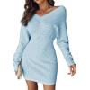 imageCHICME Womens VNeck Long Sleeve Hollow Out Knit Sweater Dress Elegant Chic Bodycon Mini Dress for Fall ampamp WinterBlue