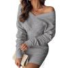 imageCHICME Womens VNeck Long Sleeve Hollow Out Knit Sweater Dress Elegant Chic Bodycon Mini Dress for Fall ampamp WinterGray