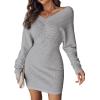 imageCHICME Womens VNeck Long Sleeve Hollow Out Knit Sweater Dress Elegant Chic Bodycon Mini Dress for Fall ampamp WinterGray