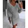 imageCHICME Womens VNeck Long Sleeve Hollow Out Knit Sweater Dress Elegant Chic Bodycon Mini Dress for Fall ampamp WinterGray