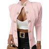 imageCHICME Women Argyle Cable Cardigan Casual Lightweight Cropped Coat Stand Collar Long Sleeve Metal Button Front Fall JacketsPink