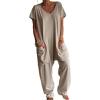 imageCHICME Womens Casual Short Sleeve Jumpsuits V Neck Baggy Romper Strechy Comfy Wide Leg Jumpsuit with PocketsAlight Khaki