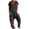 imageCHICME Womens Casual Short Sleeve Jumpsuits V Neck Baggy Romper Strechy Comfy Wide Leg Jumpsuit with PocketsBdark Gray