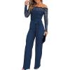 imageCHICME Womens Dressy Jumpsuits Casual One Piece Outfits Off Shoulder Lace Trim Overalls Straight Leg PantsBlue