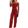 imageCHICME Womens Dressy Jumpsuits Casual One Piece Outfits Off Shoulder Lace Trim Overalls Straight Leg PantsWine Red