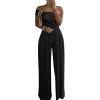 imageCHICME Womens Sleeveless Jumpsuit One Shoulder Ruched Romper Casual Fall Buckle Decor Wide Leg JumpsuitsAblack
