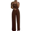 imageCHICME Womens Sleeveless Jumpsuit One Shoulder Ruched Romper Casual Fall Buckle Decor Wide Leg JumpsuitsBrown