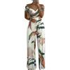 imageCHICME Womens Tropical Print Off the Shoulder Summer Overalls Jumpsuits Ruched Waist Wide Leg Long Pants