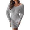 imageCHICME Womens VNeck Long Sleeve Hollow Out Knit Sweater Dress Elegant Chic Bodycon Mini Dress for Fall ampamp WinterGray