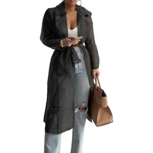 imageCHICME 2025 Women Longline Trench Coat Sheer Mesh Sleeve Buttoned CoatTransparent Jacket Coat with BeltBlack