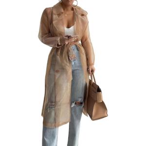 imageCHICME 2025 Women Longline Trench Coat Sheer Mesh Sleeve Buttoned CoatTransparent Jacket Coat with BeltNude
