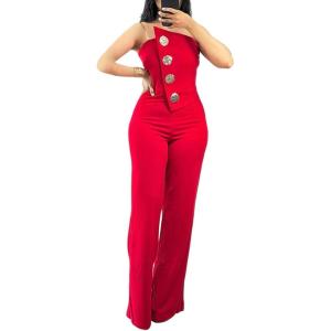 imageCHICME CHICME Womens Strapless Tube Top Jumpsuit Metal Button Decor Loose Wide Leg PantsAred