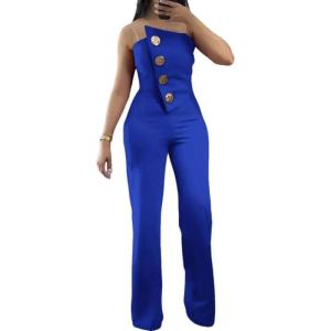 imageCHICME CHICME Womens Strapless Tube Top Jumpsuit Metal Button Decor Loose Wide Leg PantsBlue