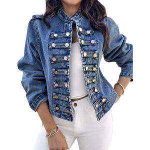 imageCHICME Denim Jacket for Women 2025 Button Up Stand Collar Jeans Jacket Casual Long Sleeve Lightweight Fall CoatBlue