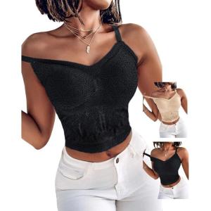 imageCHICME Padded Lace Bralette for Women Crop Tops Spaghetti Strap V Neck Tank Top Slim Fit Camisole2pcs blacknude