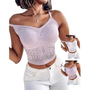 imageCHICME Padded Lace Bralette for Women Crop Tops Spaghetti Strap V Neck Tank Top Slim Fit Camisole2pcs whitepurple