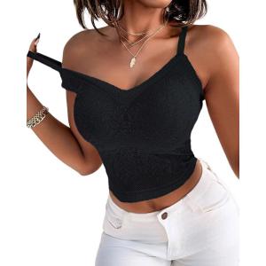 imageCHICME Padded Lace Bralette for Women Crop Tops Spaghetti Strap V Neck Tank Top Slim Fit CamisoleBlack