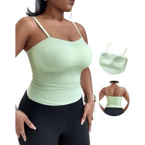 imageCHICME Tank Top for Women with Built in Bra Ribbed Knit Casual SlimFit Tops Back Criss Cross Sleeveless Workout CamisoleGreen