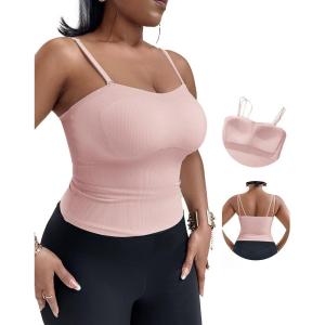 imageCHICME Tank Top for Women with Built in Bra Ribbed Knit Casual SlimFit Tops Back Criss Cross Sleeveless Workout CamisolePink