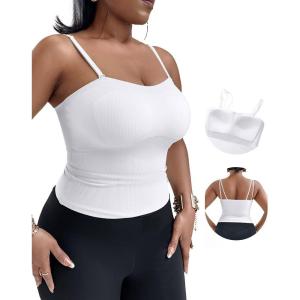imageCHICME Tank Top for Women with Built in Bra Ribbed Knit Casual SlimFit Tops Back Criss Cross Sleeveless Workout CamisoleWhite