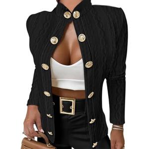 imageCHICME Women Argyle Cable Cardigan Casual Lightweight Cropped Coat Stand Collar Long Sleeve Metal Button Front Fall JacketsAblack