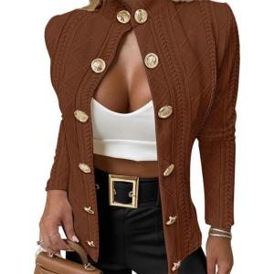imageCHICME Women Argyle Cable Cardigan Casual Lightweight Cropped Coat Stand Collar Long Sleeve Metal Button Front Fall JacketsBrown