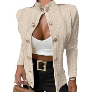 imageCHICME Women Argyle Cable Cardigan Casual Lightweight Cropped Coat Stand Collar Long Sleeve Metal Button Front Fall JacketsLight Khaki