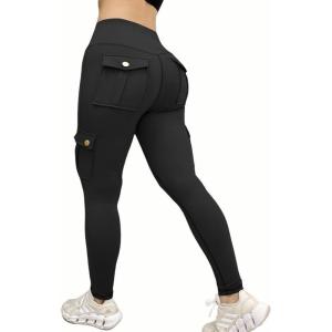 imageCHICME Women High Waist Cargo Leggings Seamless Workout Leggings Tummy Control Yoga Pants with PocketBlack