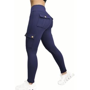 imageCHICME Women High Waist Cargo Leggings Seamless Workout Leggings Tummy Control Yoga Pants with PocketDark Blue