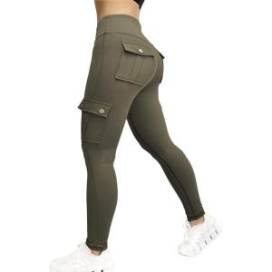 imageCHICME Women High Waist Cargo Leggings Seamless Workout Leggings Tummy Control Yoga Pants with PocketSolid Army Green