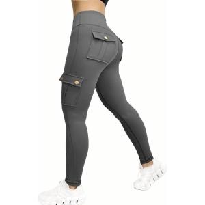 imageCHICME Women High Waist Cargo Leggings Seamless Workout Leggings Tummy Control Yoga Pants with PocketSolid Grey