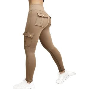 imageCHICME Women High Waist Cargo Leggings Seamless Workout Leggings Tummy Control Yoga Pants with PocketSolid Khaki