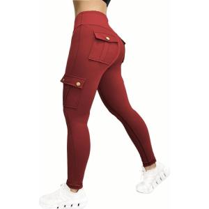 imageCHICME Women High Waist Cargo Leggings Seamless Workout Leggings Tummy Control Yoga Pants with PocketSolid Red