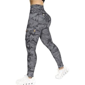 imageCHICME Women High Waist Cargo Leggings Seamless Workout Leggings Tummy Control Yoga Pants with PocketXgrey